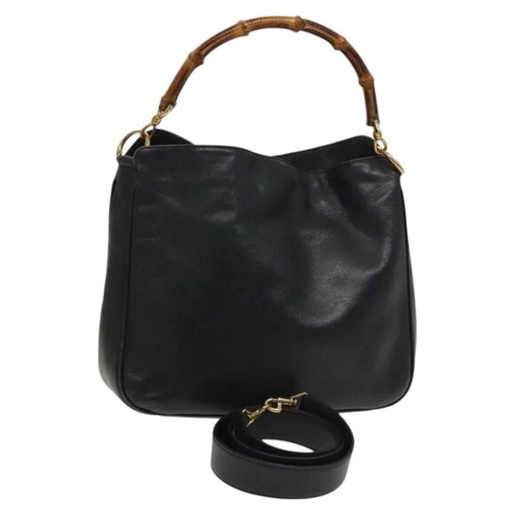 GUCCI Bamboo Hand Bag Leather 2way Navy Gold 001 3444 1638 Auth BA3439 - Picture 1 of 15
